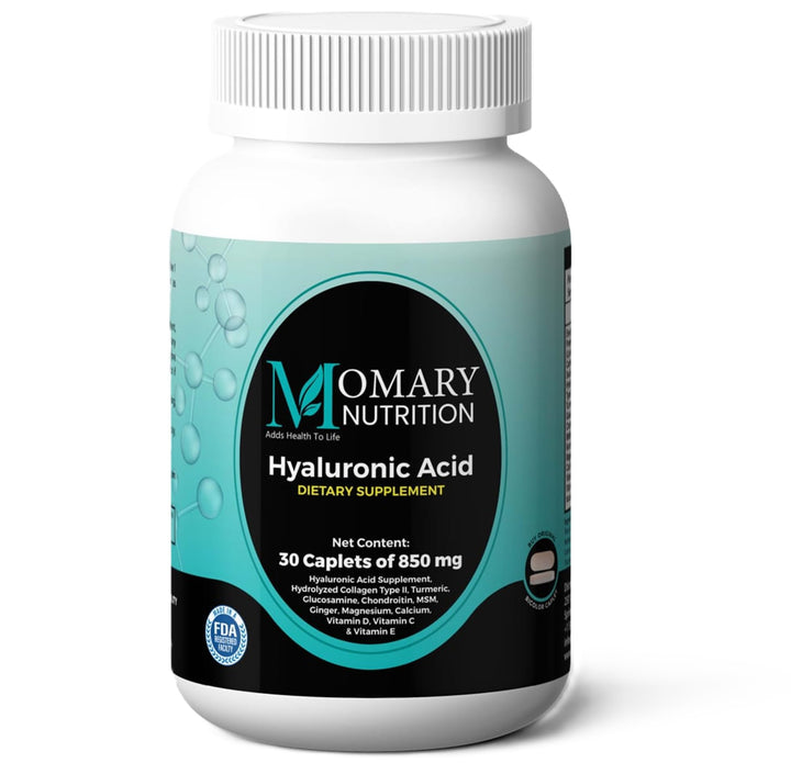 MOMARY NUTRITION, Hyaluronic Acid Supplement, Natural Skin Hydration, Advanced Joint Support and Mobility Booster, Type II Hydrolyzed Collagen, Turmeric, Glucosamine, Chondroitin, 30Caplets 850Mg