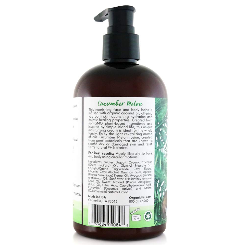 Organic Fiji Moisturizing Face and Body Organic Coconut Oil Lotion Cucumber Melon 12 Ounce