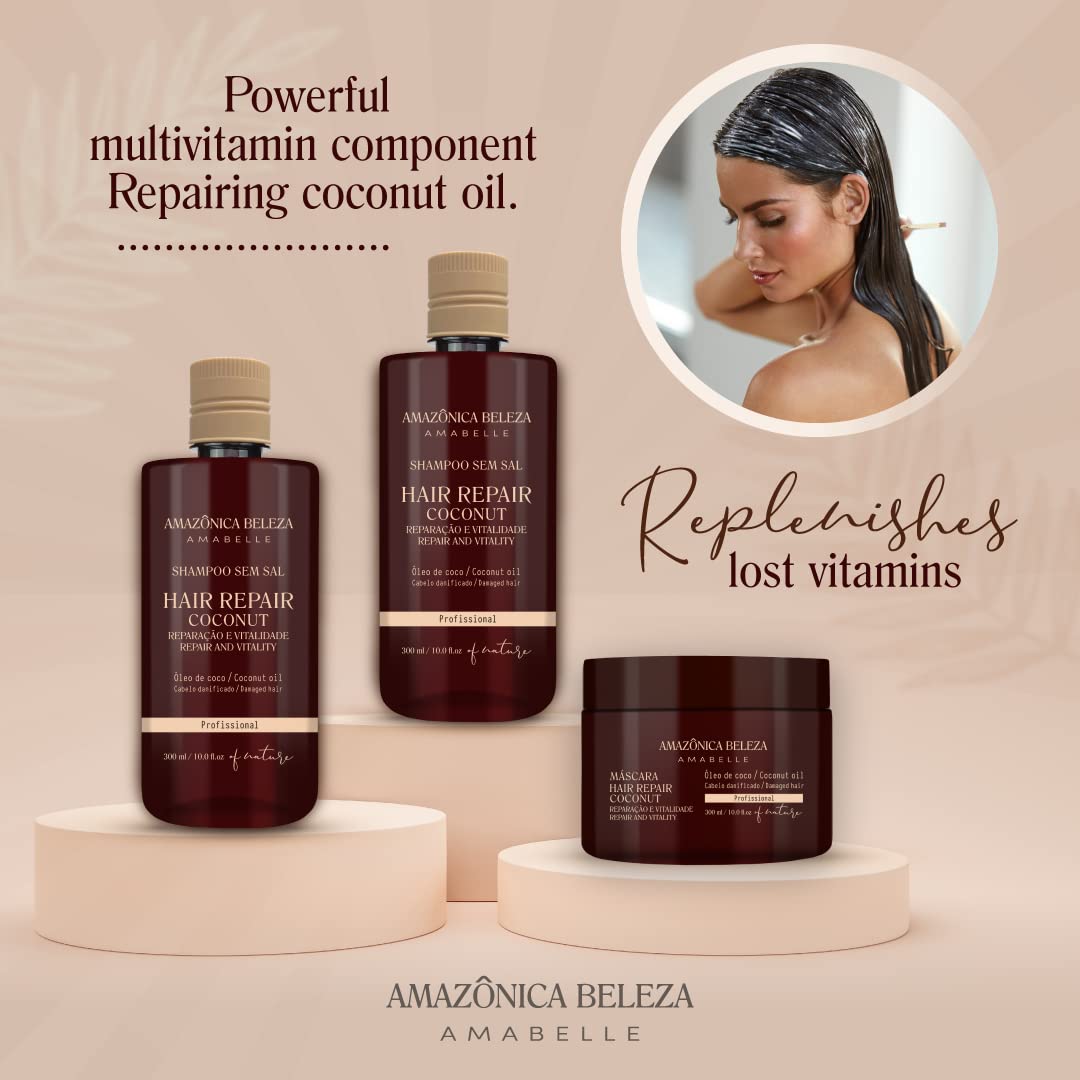 AMAZONICA BELEZA Coconut kIT, Repairs Damaged Hair and Restores Hair Proteins for Healthy, Vital Hair, with Coconut Oil, Sulfate & Parabens Free, Kit Shampoo, Conditioner and Mask, 10 Oz