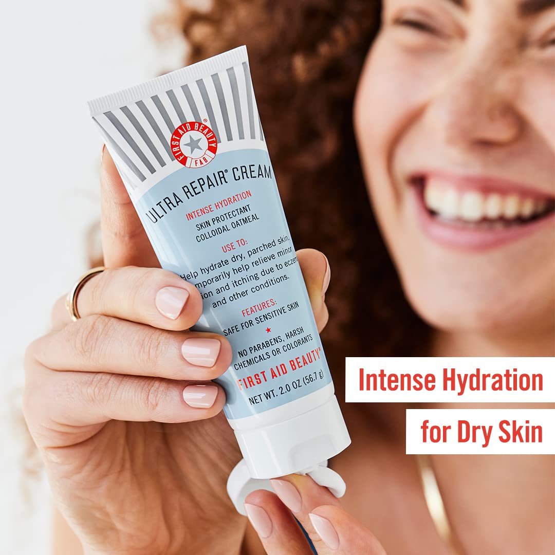 First Aid Beauty FAB Faves Trio: Cleanse & Hydrate Dry, Distressed Skin with Travel Size Essentials, KP Bump Eraser Body Scrub with 10% AHA, Ultra Repair Cream & Pure Skin Face Cleanser (2 oz, 3ct)