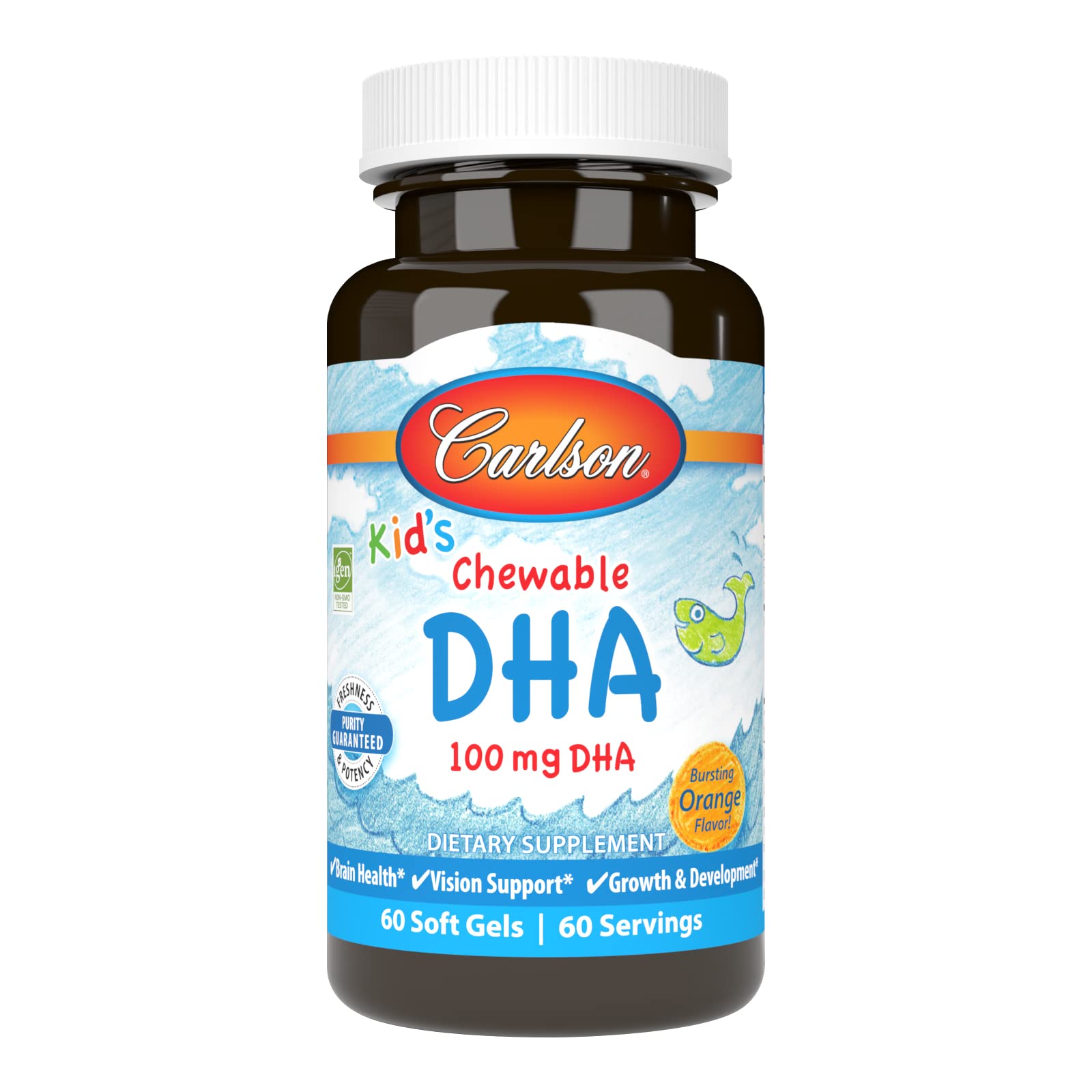 Carlson - Kid's Chewable DHA, 100 mg DHA, Brain & Vision Function, Growth & Development, Orange, 60 Chewable Softgels