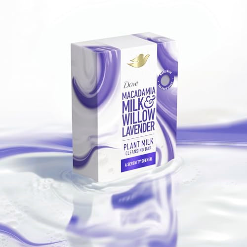 Dove Plant Milk Cleansing Bar Soap Macadamia Milk & Willow Lavender Serenity Seeker 4 Count for Moisturized Skin Gentle Cleanser, No Sulfate Cleansers or Parabens, 98% Biodegradable Formula 5 oz