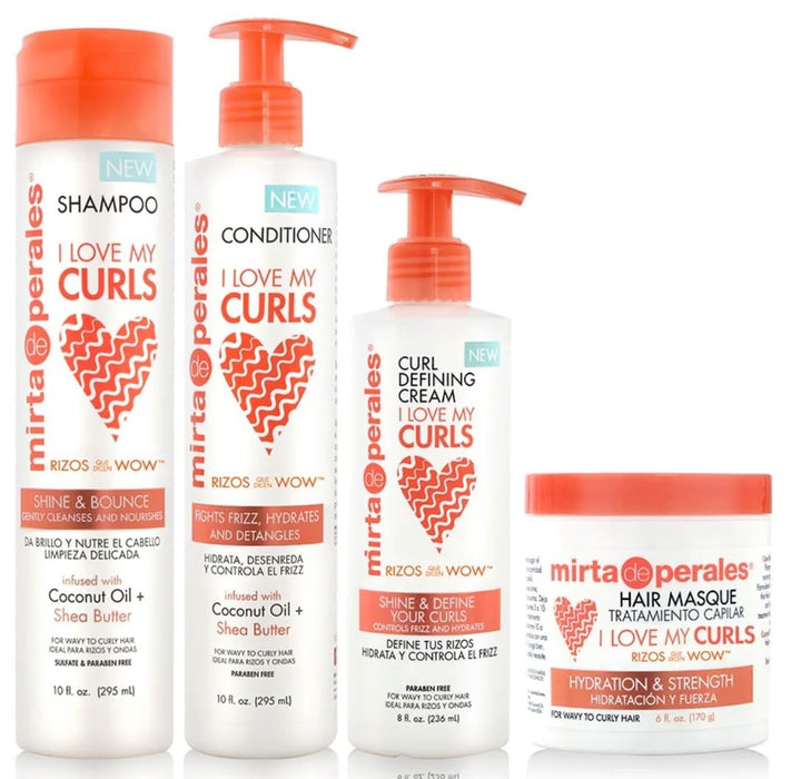 Mirta de Perales Moisturizing Hair Care Set - For Curly, Wavy, Kinky-Coily Tresses - Shampoo, Conditioner, Curl Defining Cream, and Hair Mask for Soft, Smooth Definition (4-Piece Basic)