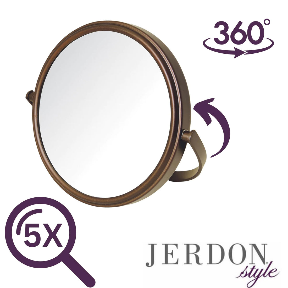 Jerdon MC109BZP Dual-Sided 5X/1X Magnification Table Top Makeup Mirror, Bronze Finish