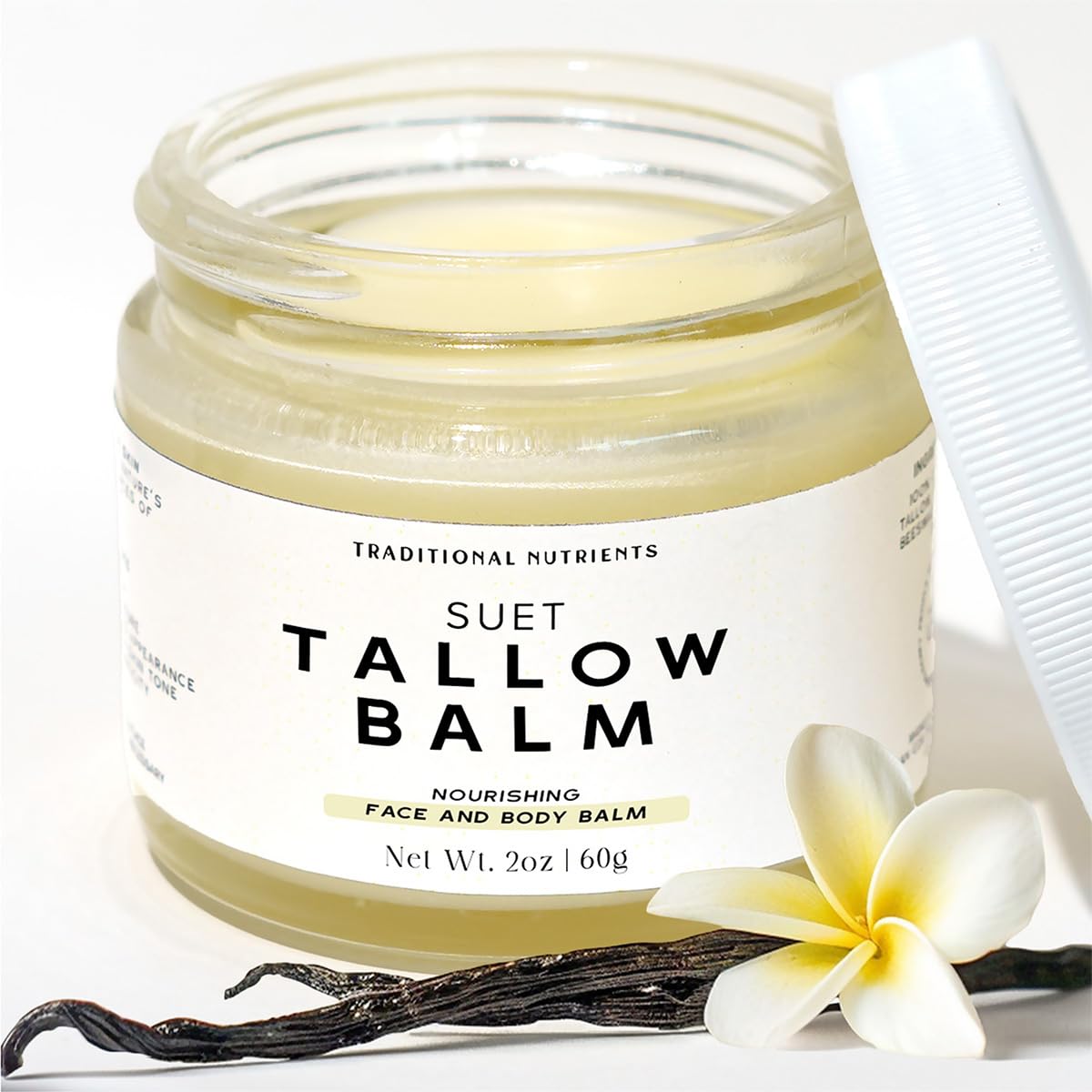 TRADITIONAL NUTRIENTS Suet Beef Tallow + Raw Honey Balm for Skin with Vanilla Essential Oil, Natural Grass Fed Tallow Moisturizer for Face and Body (2oz)
