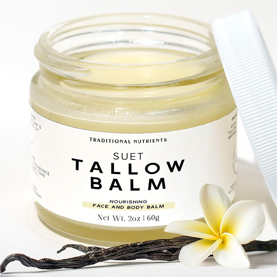 TRADITIONAL NUTRIENTS Suet Beef Tallow + Raw Honey Balm for Skin with Vanilla Essential Oil, Natural Grass Fed Tallow Moisturizer for Face and Body (2oz)