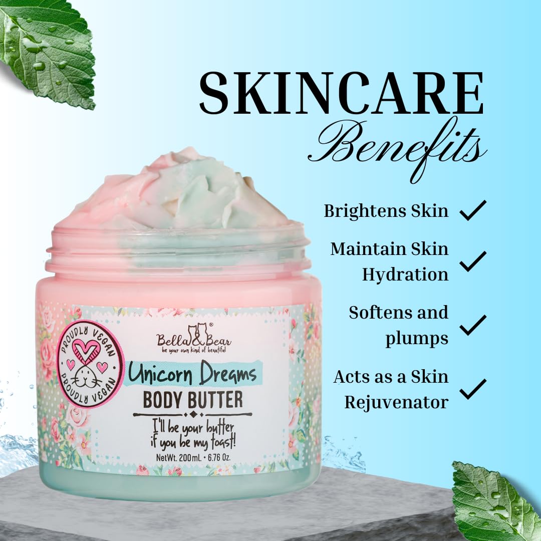 Bella & Bear Unicorn Dreams Gift Set - 3-in-1 Body Scrub & Goddess Body Butter in Glossy Pink Box - Vegan, Cruelty-Free, Mango-Pineapple-Vanilla Scent