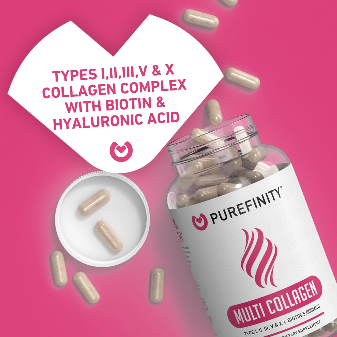 PUREFINITY Collagen Peptides for Women – Type I, II, III, V & X with Biotin & Hyaluronic Acid, Supports Healthy Skin, Bones, Hair & Nails – Non-GMO, Grass-Fed, 90 Capsules (1 Month Supply)