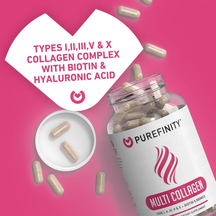 PUREFINITY Collagen Peptides for Women – Type I, II, III, V & X with Biotin & Hyaluronic Acid, Supports Healthy Skin, Bones, Hair & Nails – Non-GMO, Grass-Fed, 90 Capsules (1 Month Supply)