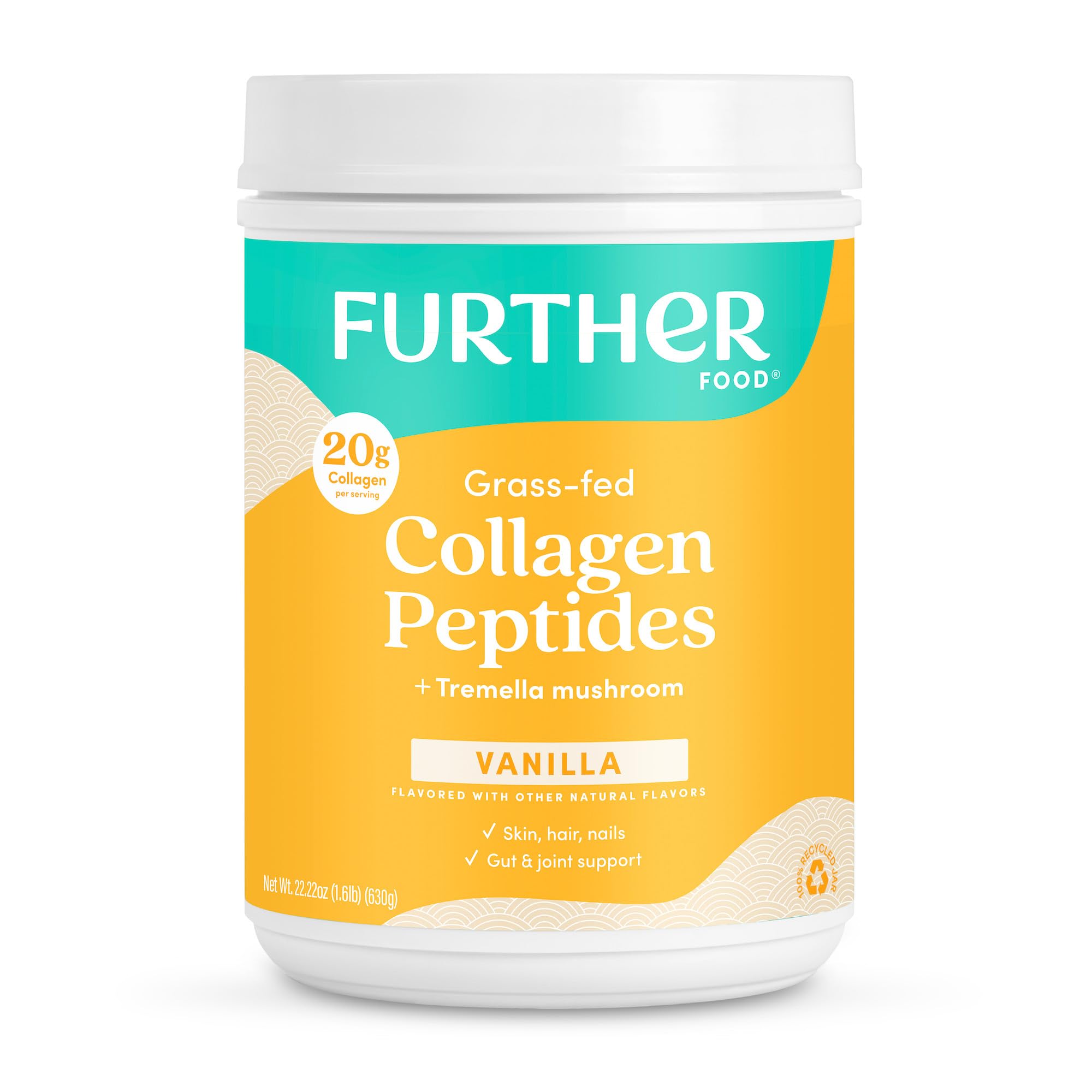 Further Food Vanilla Collagen Peptides Powder, Grass-Fed Pasture-Raised Hydrolyzed Type 1 & 3 Protein, Gut Health + Joint, Hair, Skin, Nails, Paleo Keto Sugar-Free 22.22 oz