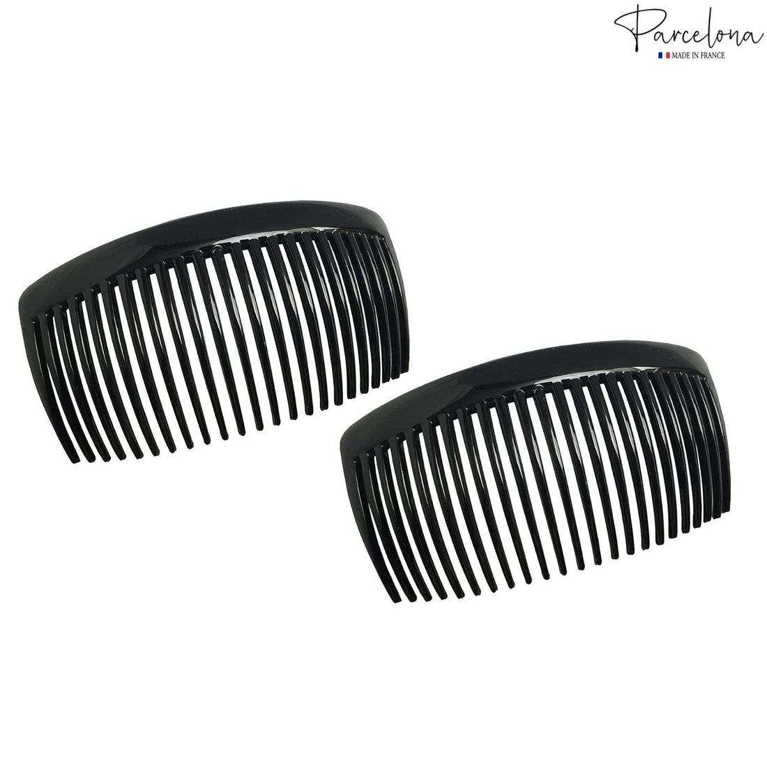 Parcelona French Large 2 Pieces Glossy Black Cellulose Acetate Good Grip Updo 23 Teeth Hair Side Combs 4.25 Inches