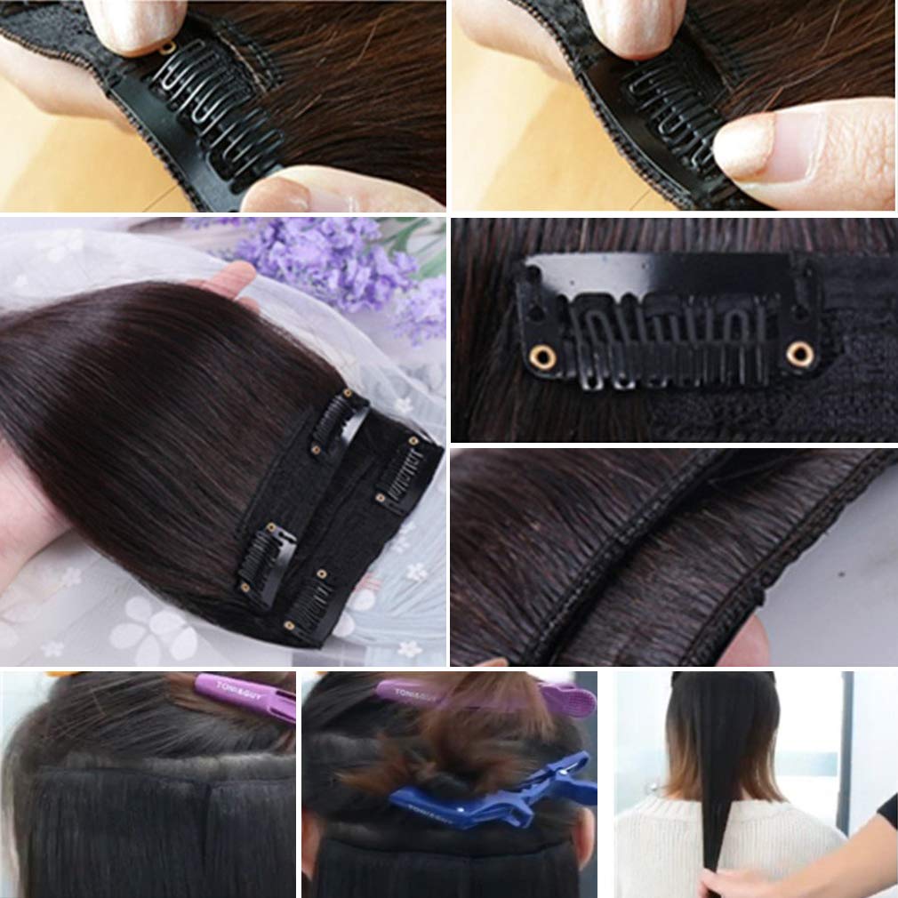 2 Pieces Black Human Hair Clip in Hair Extensions 14inch,Straight Hairpiece About 25g/pc,Cand Be Dyed