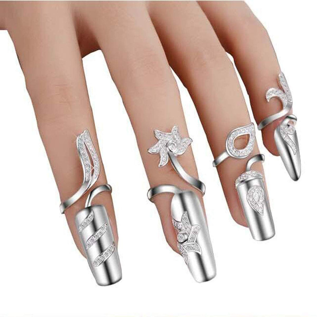 4 Pcs Fashion Rhinestone Crystal Nail Ring Manicure Fingertip Charm Finger Decoration Jewelry Accessories for Women