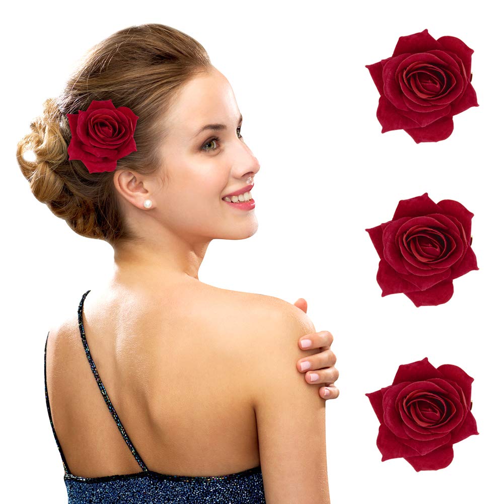 QtGirl Red Metal Rose Brooch Hair Clip for Women's - Pack of 3