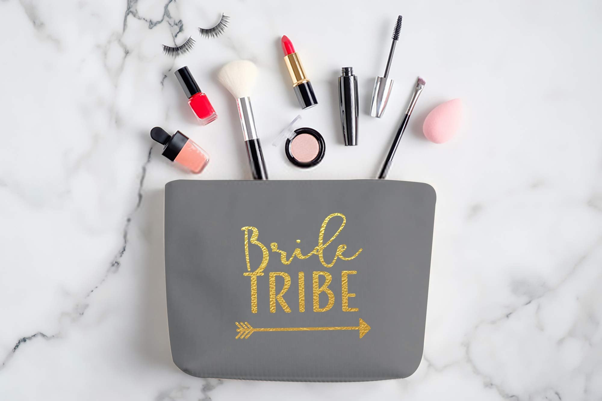 6 Piece Set | Bride Tribe Canvas Cosmetic Makeup Clutch Gifts Bag for Bridesmaid Proposal Box & Bridesmaids Bachelorette Party Favors (Grey)
