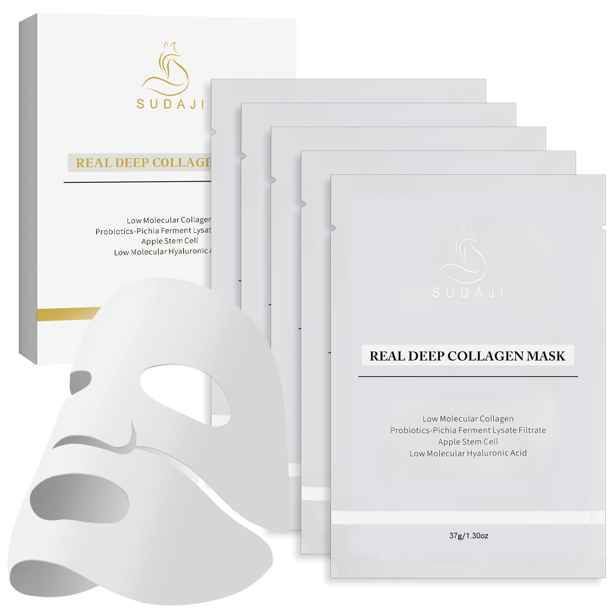 SUDAJI Collagen Face Mask (37gx5ea), Hydrating Overnight Hydrogel Mask with Probiotics, Apple Stem Cells- Elasticity, Firming, and Moisturizing