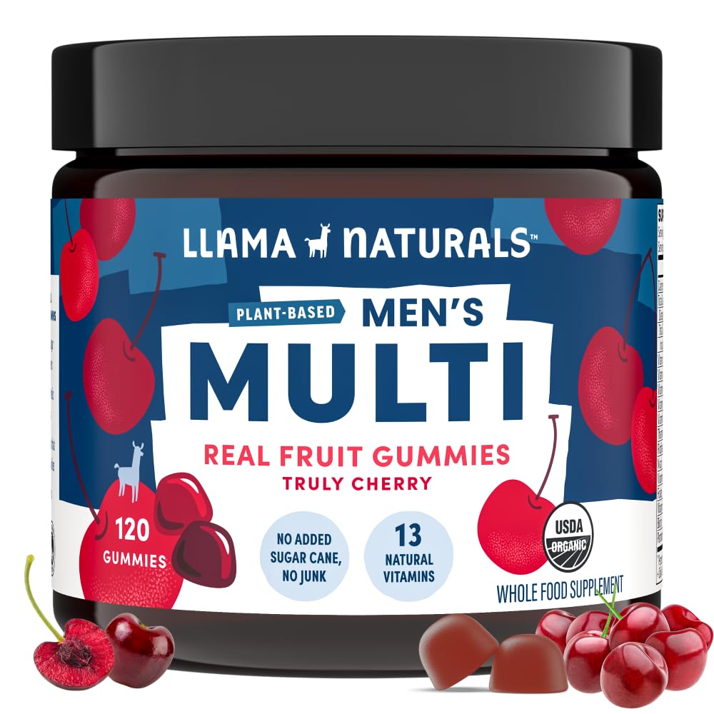 Llama Naturals Real Fruit Gummy Vitamins for Men | No Added Sugar Cane | Whole Food Multivitamin Gummies | Vegan, Organic, Chewable | 120 ct | 30 Day Supply | Cherry