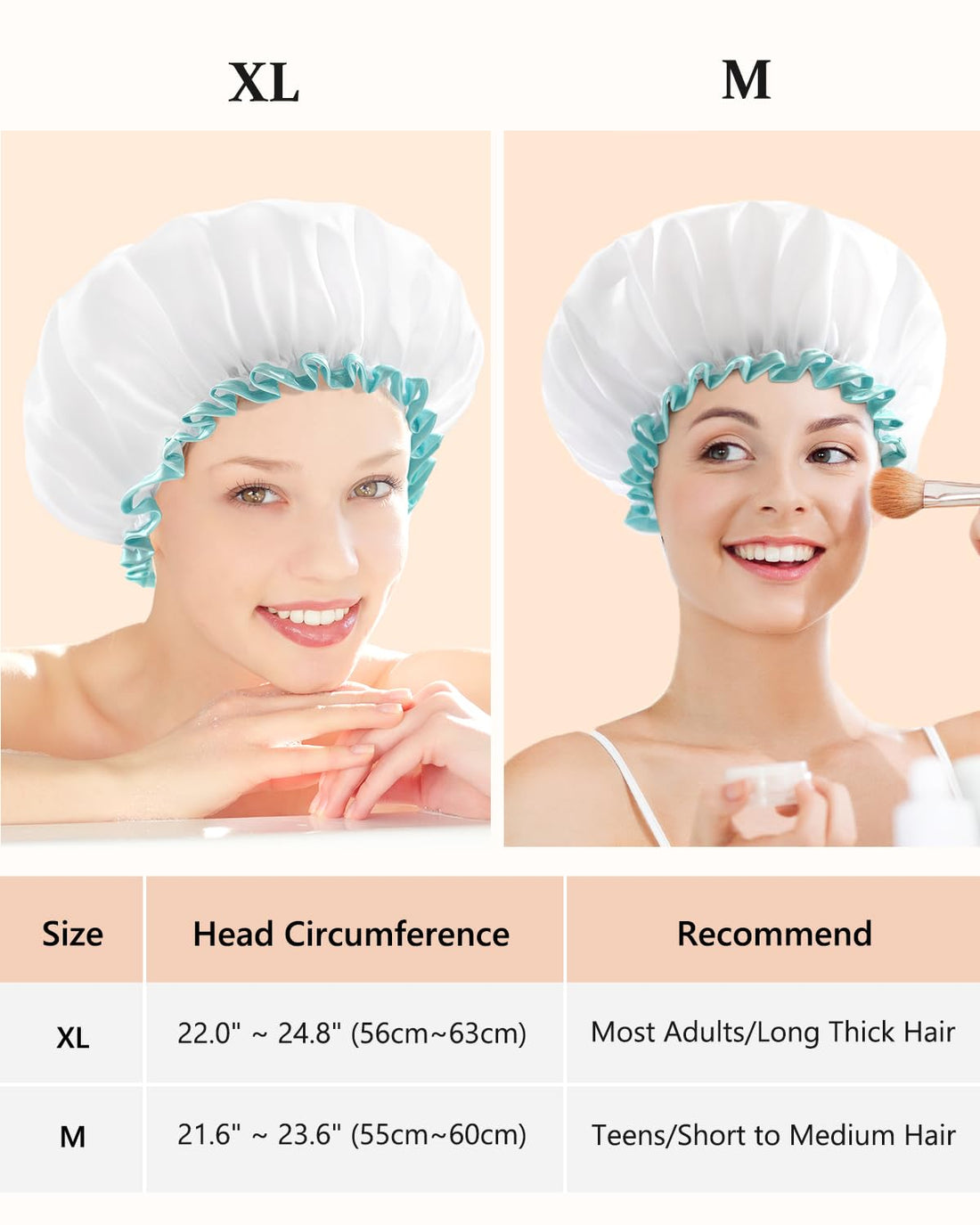 White Shower Cap for Long Hair 2 Pack, Waterproof Mold Resistant Washable Hair Caps for Women and Girls, Super Cute and Extra Large by mikimini