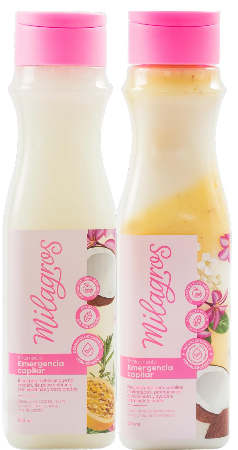 Generic Emergencia Capilar Kit of 2 Milagros Colombian Hair Care Products Shampoo and Treatment for Natural Growth, Strengthening, and Repair, 100% Natural, Pink