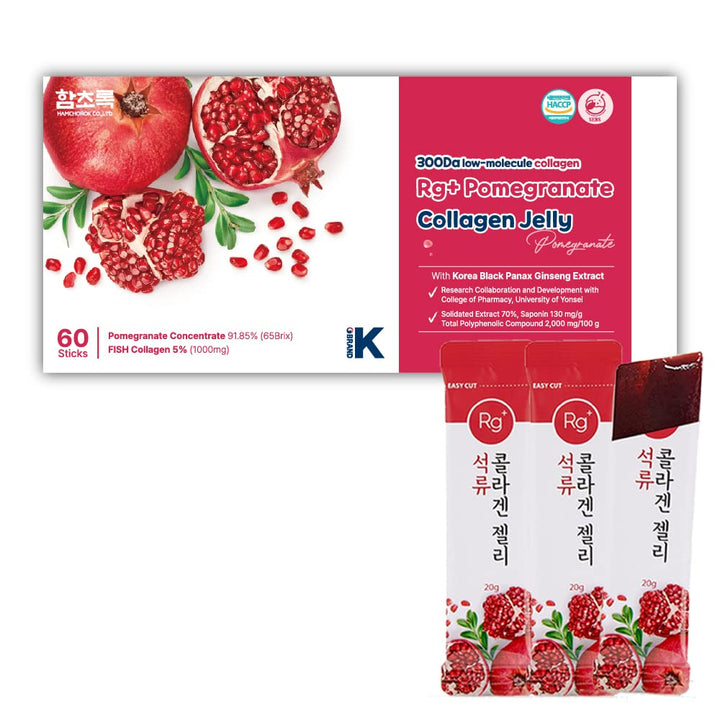 HAMCHOROKRg+ Anti-Aging Korean-Beauty Pomegranate Collagen Jelly 20g x60 Stick/ + Ginseng Concentrate + Vitamin C&E for Immune Support, Skin, Hair, Nail & Joint(60)