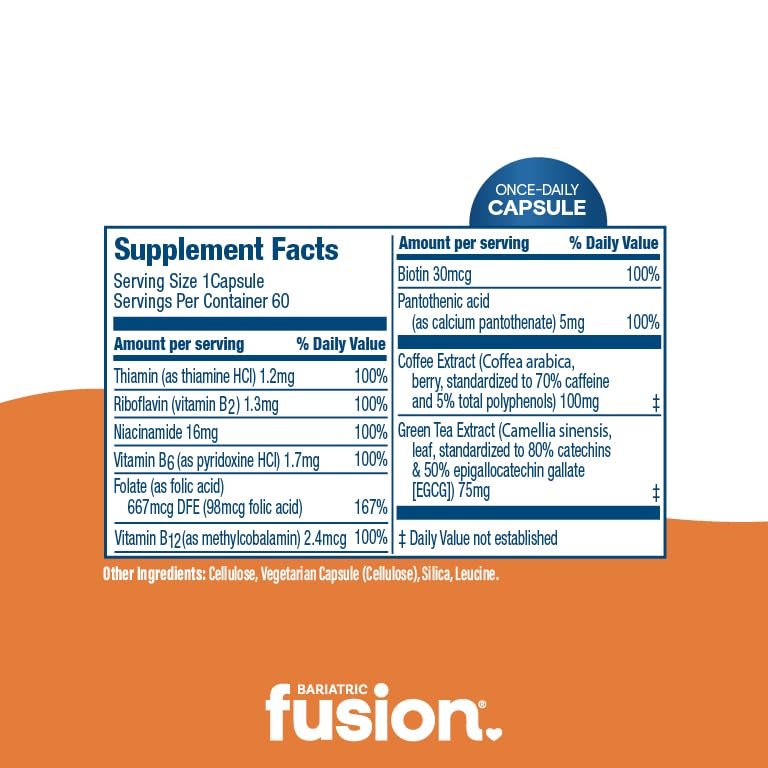 Bariatric Fusion B Vitamins for Energy Support | B-Complex with 70mg Natural Caffiene | Vegan Capsules | Bariatric Vitamins for Women and Men | Gluten, Dairy and Soy Free | Non-GMO | 60 Count