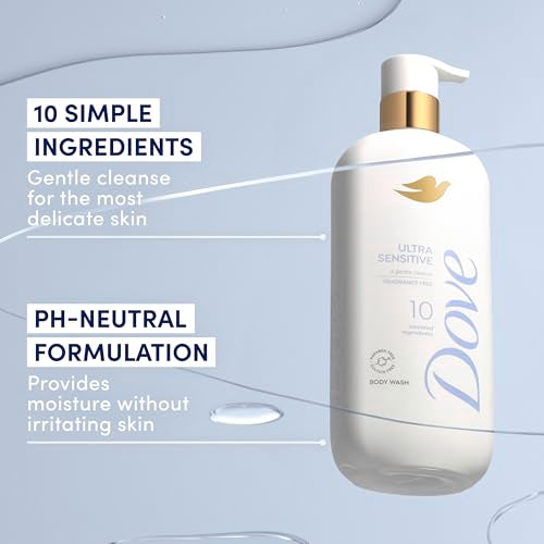 Dove Fragrance Free Body Wash Ultra Sensitive Gentle all-over cleanse 10 essential ingredients 18.5 oz
