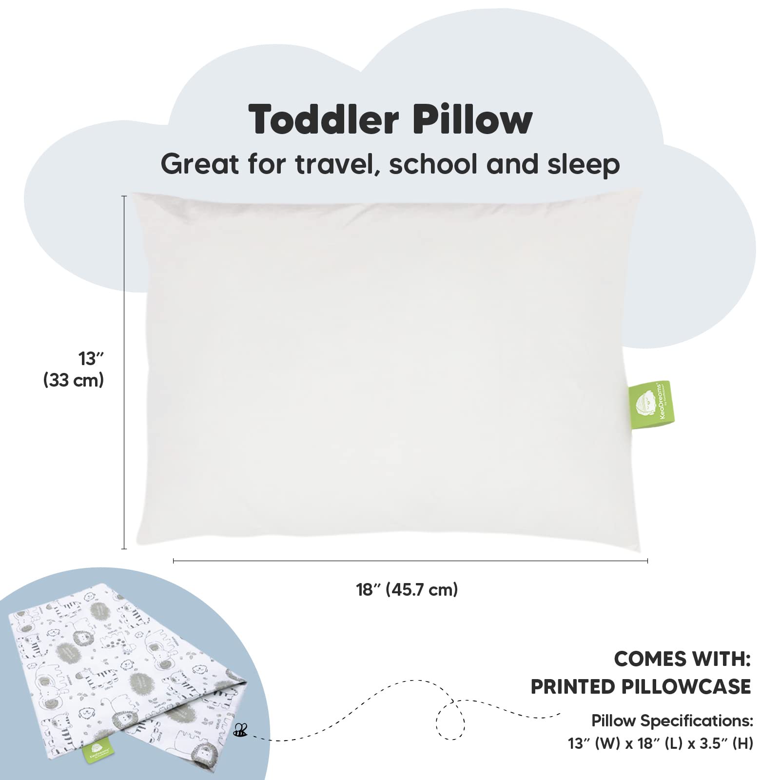 Toddler Pillow with Pillowcase - 13x18 My Little Dreamy Kids Travel Bed Pillows for Sleeping, Organic Cotton Small Pillowcase, Soft & Breathable, Machine Washable, Toddlers 2-5 Years Old (KeaSafari)