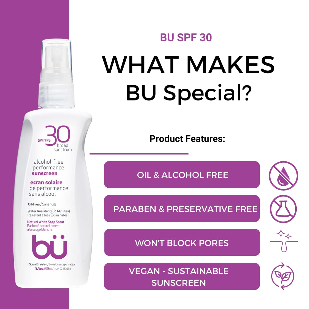 Bu SPF 30 Ultrafine WOWmist Sunscreen Spray - Clear, Non Greasy, Non Toxic, Non Comedogenic. Sweat & Water-Resistant. Travel, Sport, Sensitive Skin (White Sage, 3.3 oz)