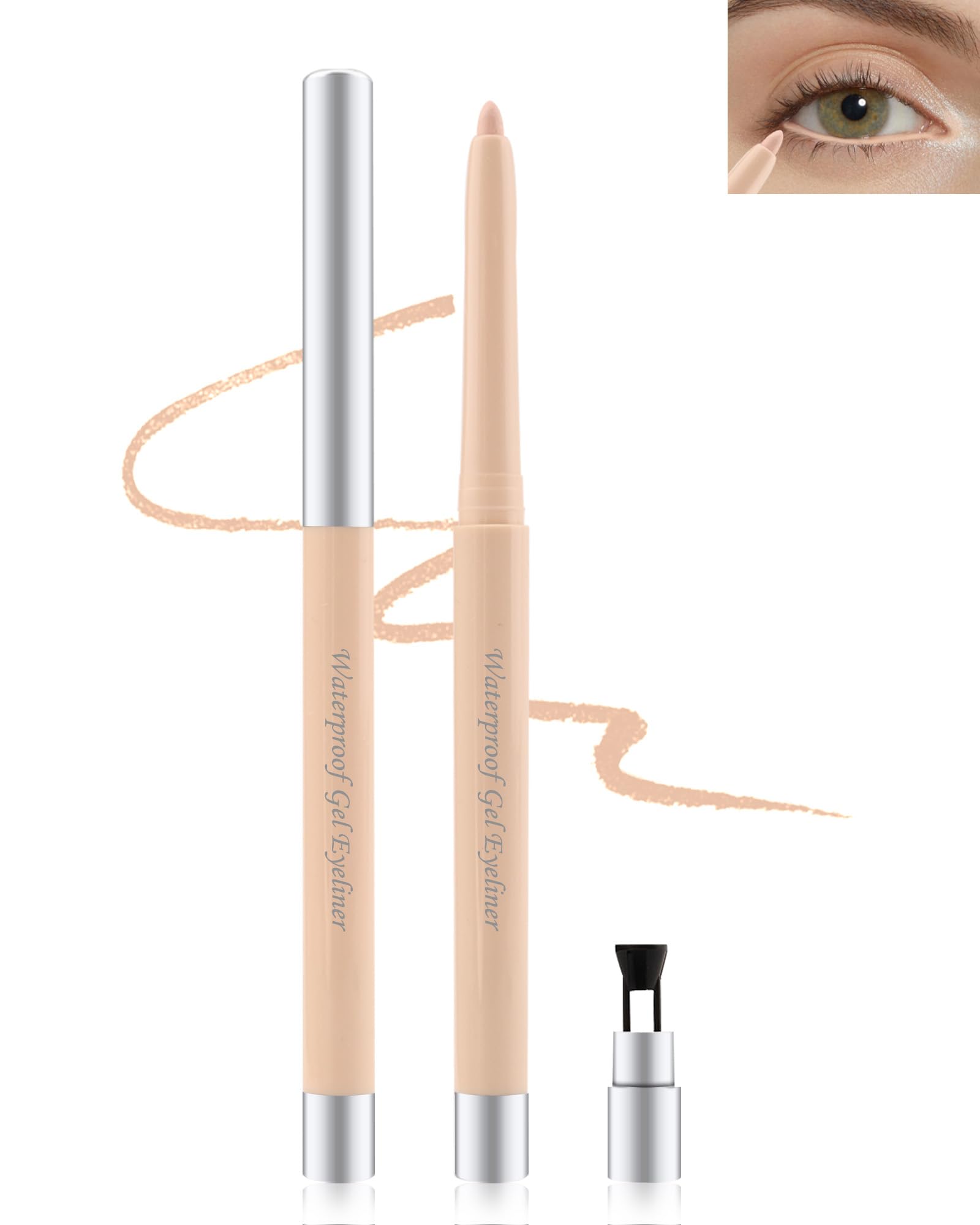 Nude Waterline Eyeliner Pencil, Cream Gel Eyeliner Waterline Waterproof Smudge-Proof Long-Wearing, Intense Color, Retractable Eye Liner Brightener Pen, Smooth Eye Makeup for women, Built-in Sharpener