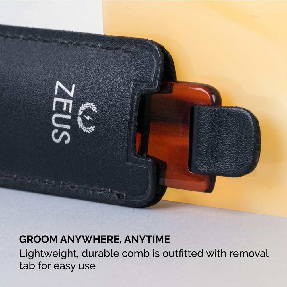 Zeus Handmade Saw-Cut Pocket Beard Comb with Leather Sheath - 5.25” x 1” - Static-Free, Fine-Toothed Comb for Beards and Mustaches