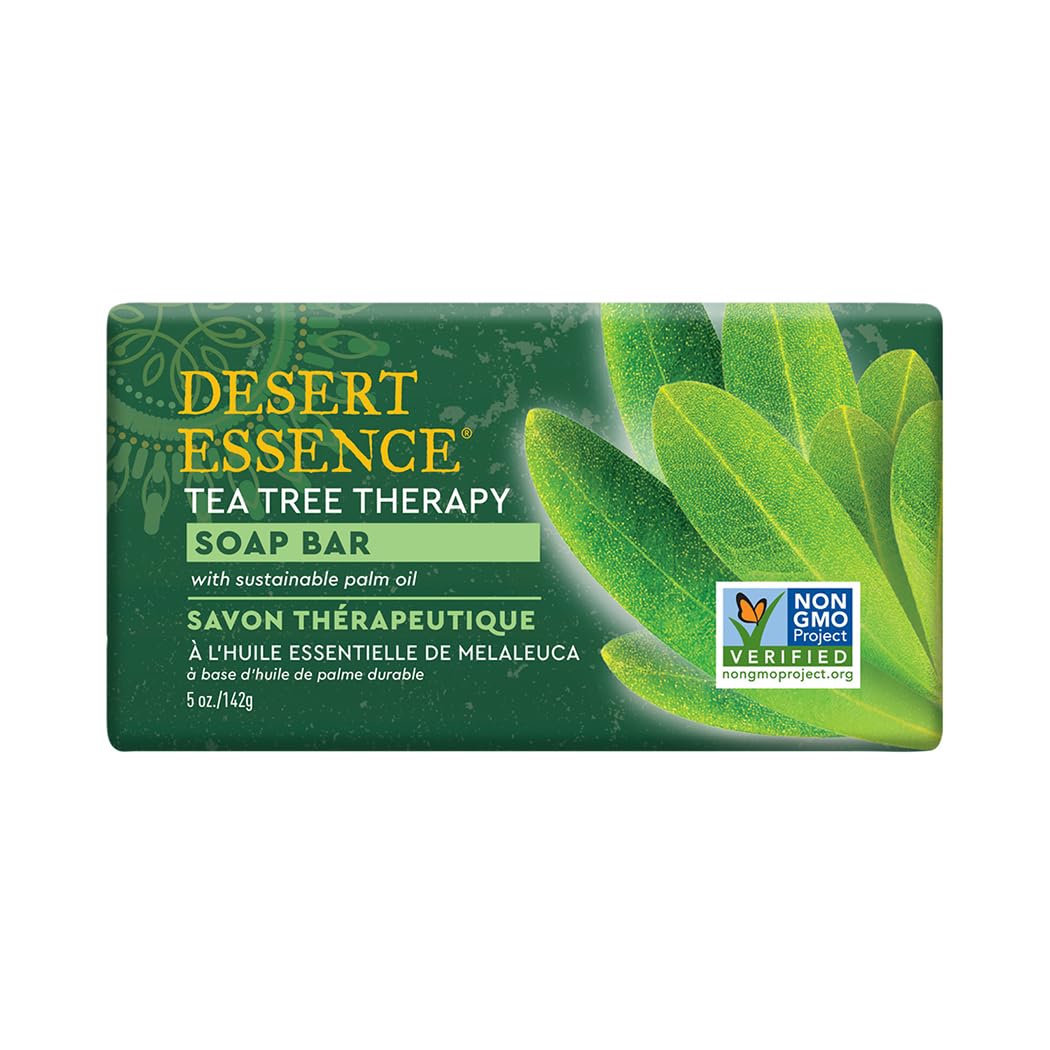 Desert Essence Tea Tree Therapy Cleansing Soap Bar - Botanically-Based with Sustainable Palm Oil, Eco-Harvest® Tea Tree, Jojoba Oil, Aloe – Safe for Sensitive Skin, Face & Body, Vegan, Cruelty-Free
