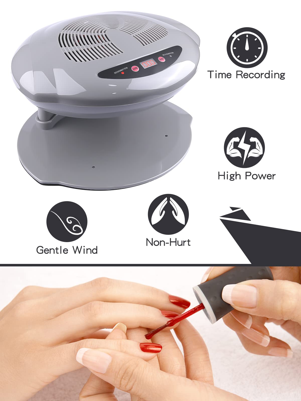 Kalolary Air Nail Dryer, 400W Air Nail Fan Blow Dryer for Nail Polish Intelligent Automatic Sensor Hot & Cold Air Nail Polish Drying Fan Manicure Tool for Home Salon Both Hands and Feet Use(Gray)