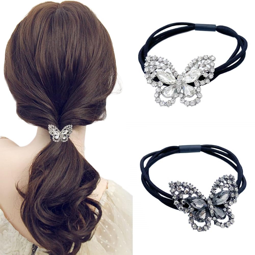 Xiwstar 2Pcs Elegant Women Girls Hair Scrunchies Crystal Rhinestone Butterfly Hair Ties Bands Accessories Ponytail Holder