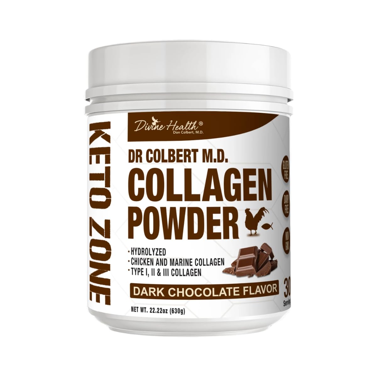 Divine Health Dr. Colbert MD Hydrolyzed Collagen Powder | Chocolate Flavor | Type I, II, III Chicken & Marine Collagen Peptides | Recommended in Keto Zone Diet Book Hair, Skin and Nails