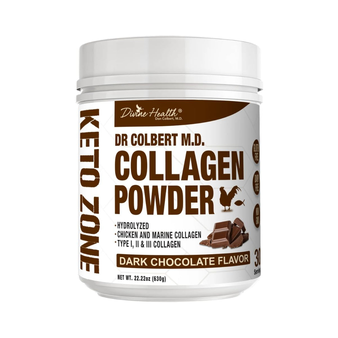 Divine Health Dr. Colbert MD Hydrolyzed Collagen Powder | Chocolate Flavor | Type I, II, III Chicken & Marine Collagen Peptides | Recommended in Keto Zone Diet Book Hair, Skin and Nails