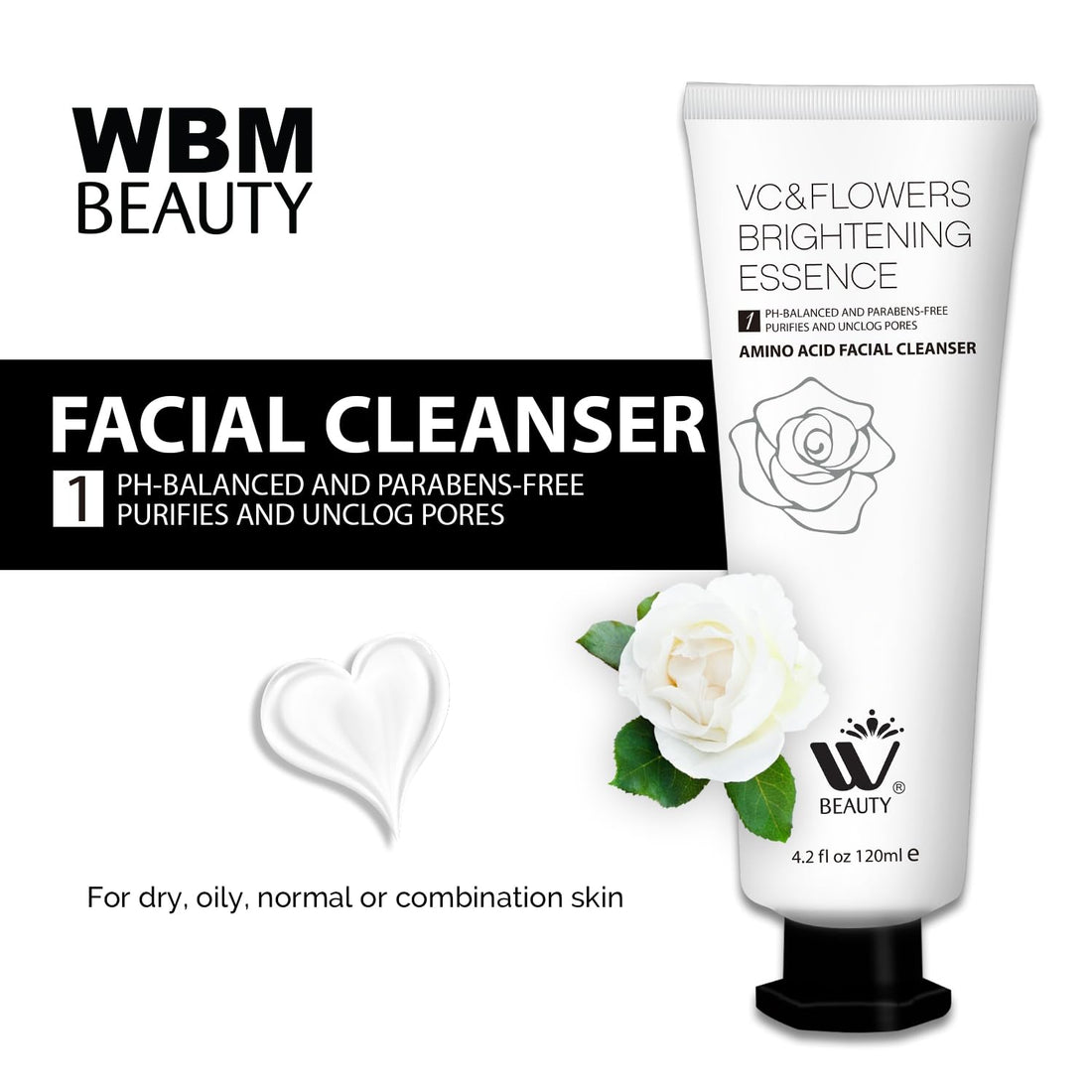 WBM Care Facial Cleanser With Amino Acid, Perfect Anti-Aging, Skin Brightening And Wrinkle Reducing Acne Daily Face Wash for All Skin Types With Organic & Natural Ingredients - 4.2 Oz/120 ml