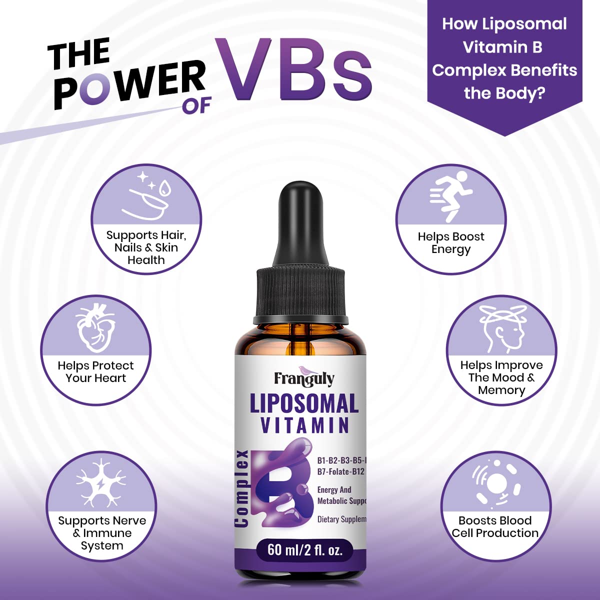 Liposomal Vitamin B Complex Liquid Sublingual B Complex Vitamins Supplement for Women Men Improved Absorption Methylated B12,B1, B2, B3, B5, B6,Folate,Biotin for Energy And Immune Support-2.0 oz