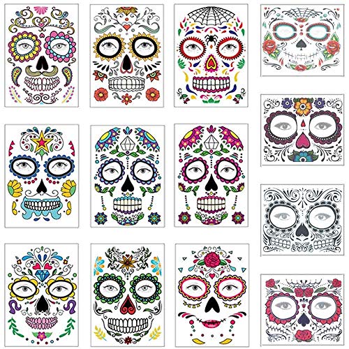 COKOHAPPY Halloween Temporary Face Tattoos Makeup Kit (13 Pack), Day of the Dead Sugar Skull Floral Black Skeleton Web Red Roses Full Face Mask Stickers Tattoo Families Party Supplies