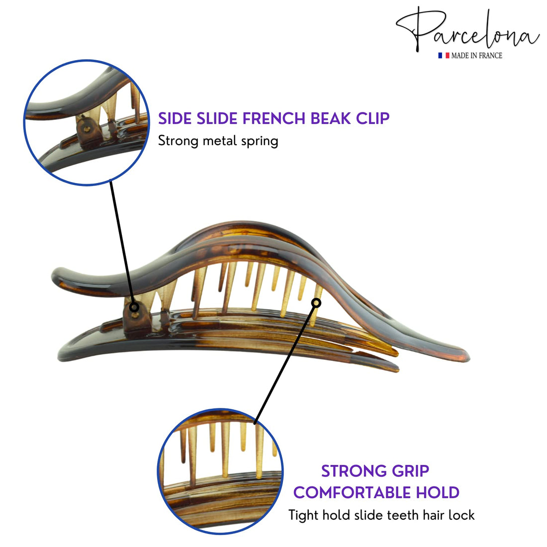 Parcelona France Wide Beak Celluloid Tortoise Shell Side Slide-in Claw Hair Clip Clamp Clutcher (Shell)