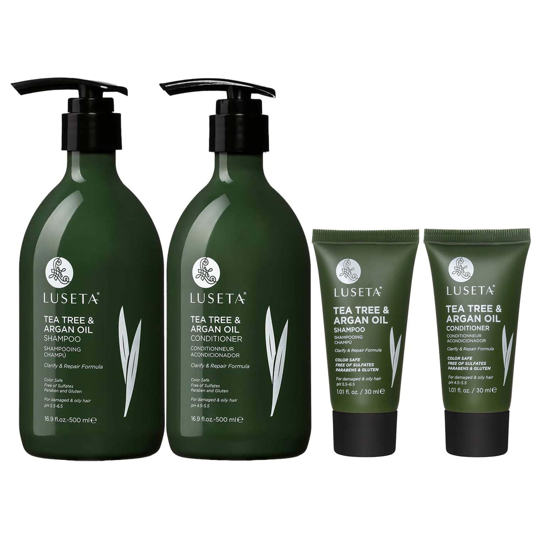 Luseta Tea Tree Shampoo and Conditioner Set - Full and Travel Size for Oily Hair, Clarifying Dandruff with Argan Oil Repair (2x16.9 fl oz + 2x1.01 fl oz)
