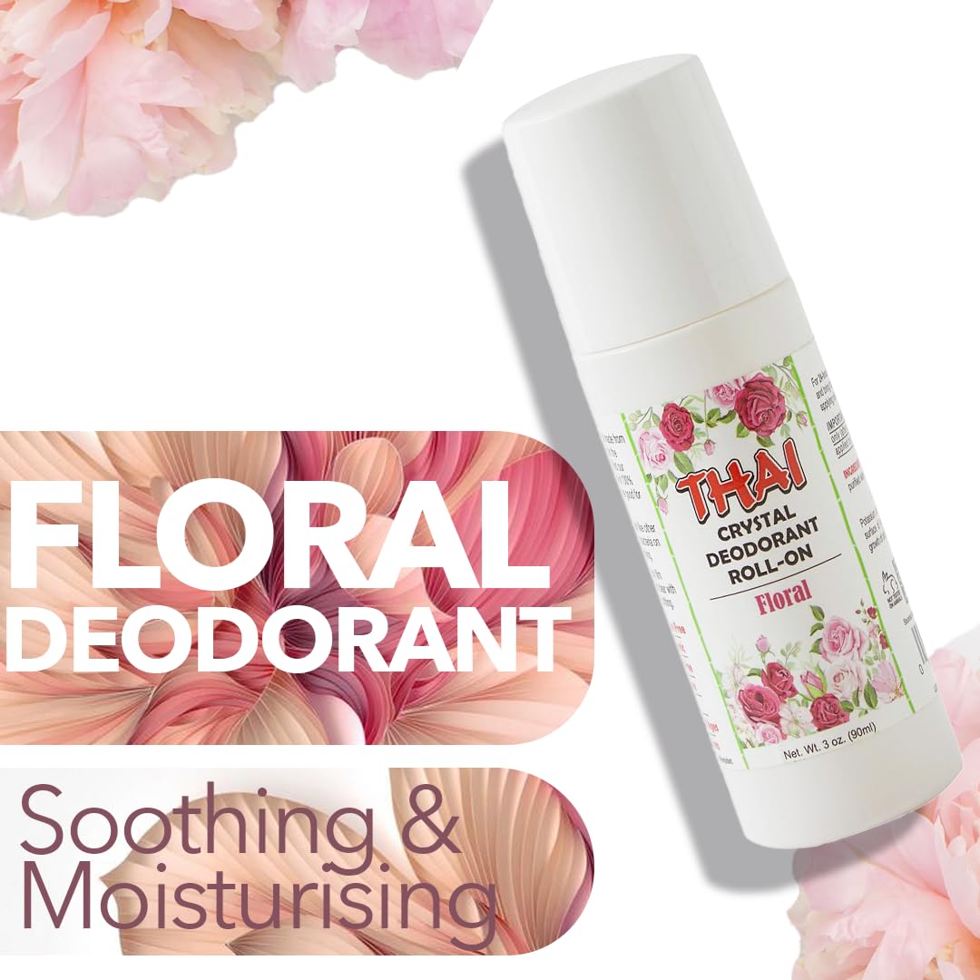 Thai 100% Natural Crystal Scented Deodorant Liquid Roll-on, No Aluminum Metals, Parabens, Propyls, or Sulfates, Cruelty Free and Environmentally Safe, Floral, 3 Fl Ounce
