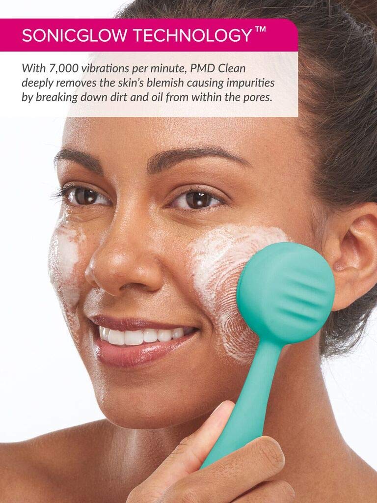 PMD Clean - Smart Facial Cleansing Device with Silicone Brush & Anti-Aging Massager - Waterproof - SonicGlow Vibration Technology - Lift, Firm, and Tone Skin on Face and Body - Teal