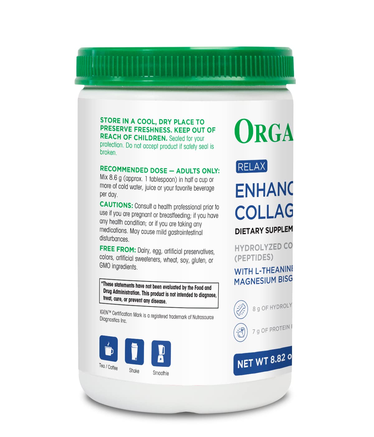 Organika Enhanced Collagen Relax Powder with Magnesium Bisglycinate and L-Theanine - Aids in Sleep, Sustained Energy Levels Throughout The Day- 250g