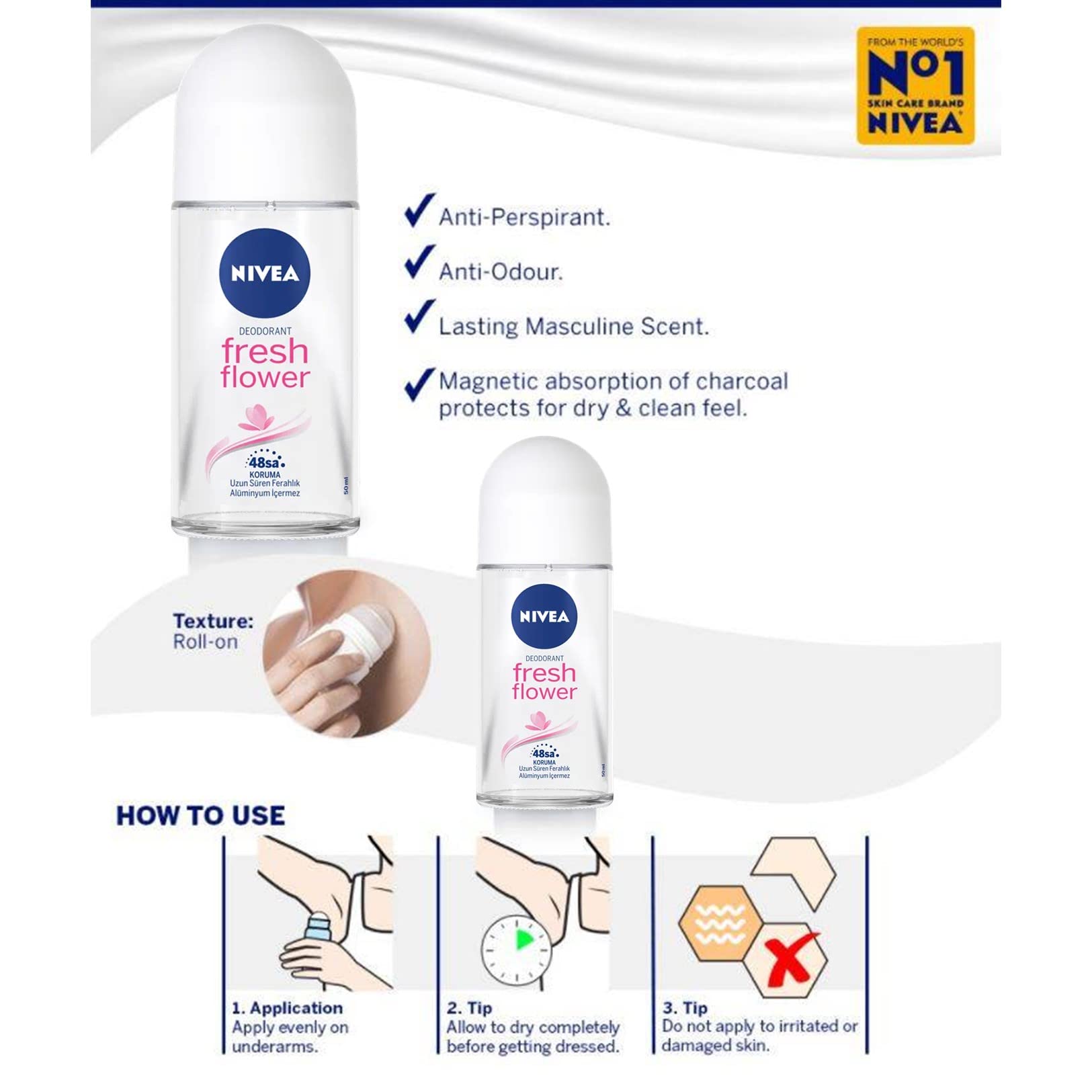 Nivea Fresh Flower Deodorant Roll-On Aluminum Free 50 ml / 1.69 fl oz