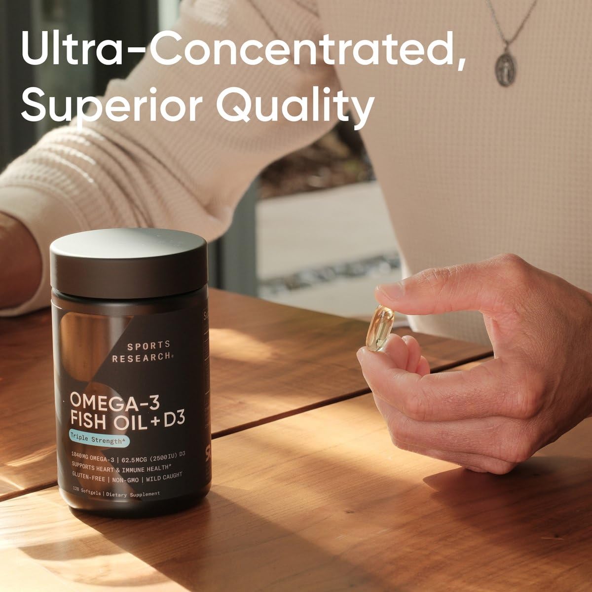 Sports Research Triple Strength 1040mg Omega-3 from Wild Alaska Pollock with Vitamin D3 2500iu | 2-in-1 Vitamin D & Omega DHA Fish Oil Supplement Supporting Heart Health - 120 Softgels