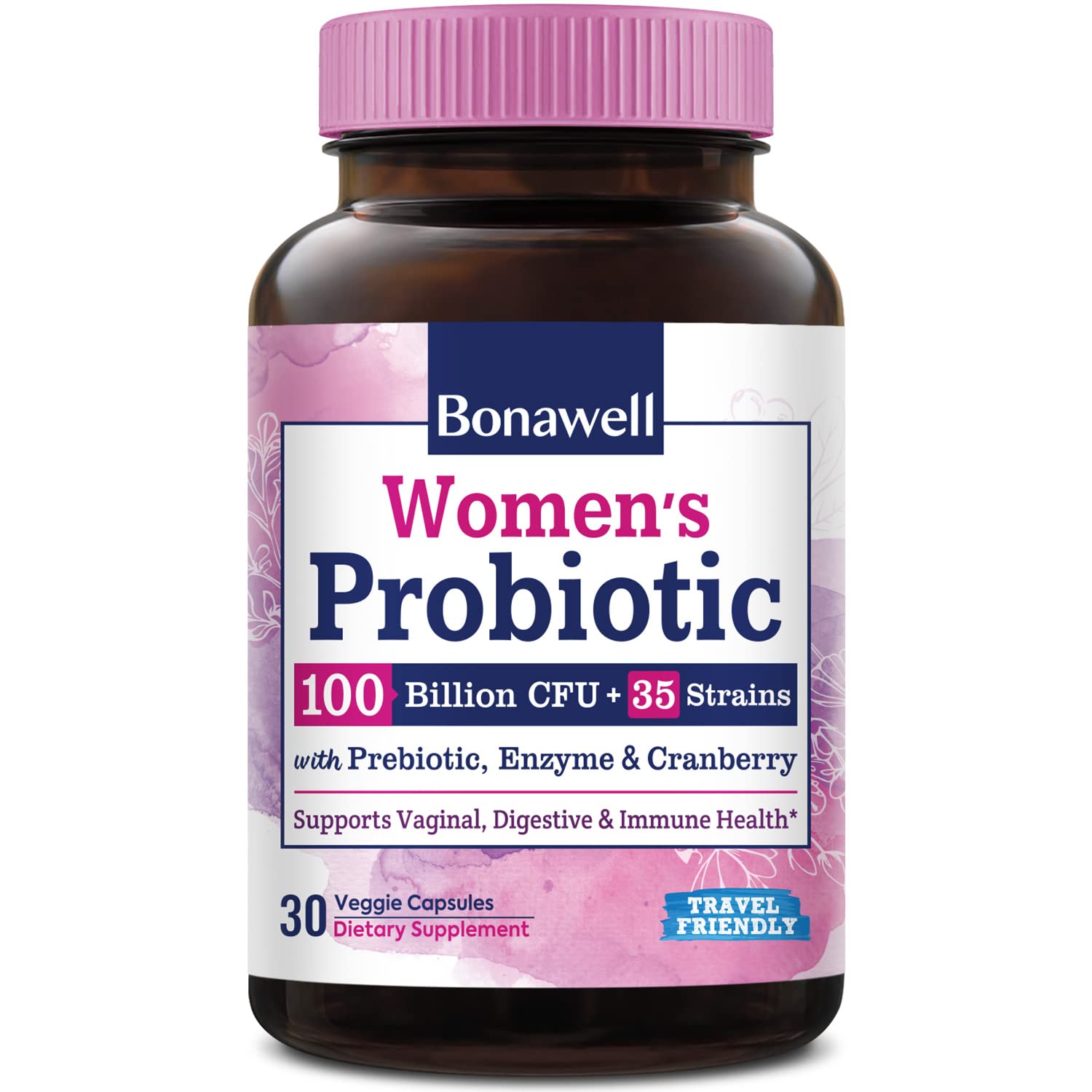 Bonawell Probiotics for Women 100B, with Prebiotics, Digestive Enzymes & Organic Cranberry for Female Vaginal Health, Digestion & Immunity, Shelf-Stable, Delayed-Release, 30 Veggie Caps