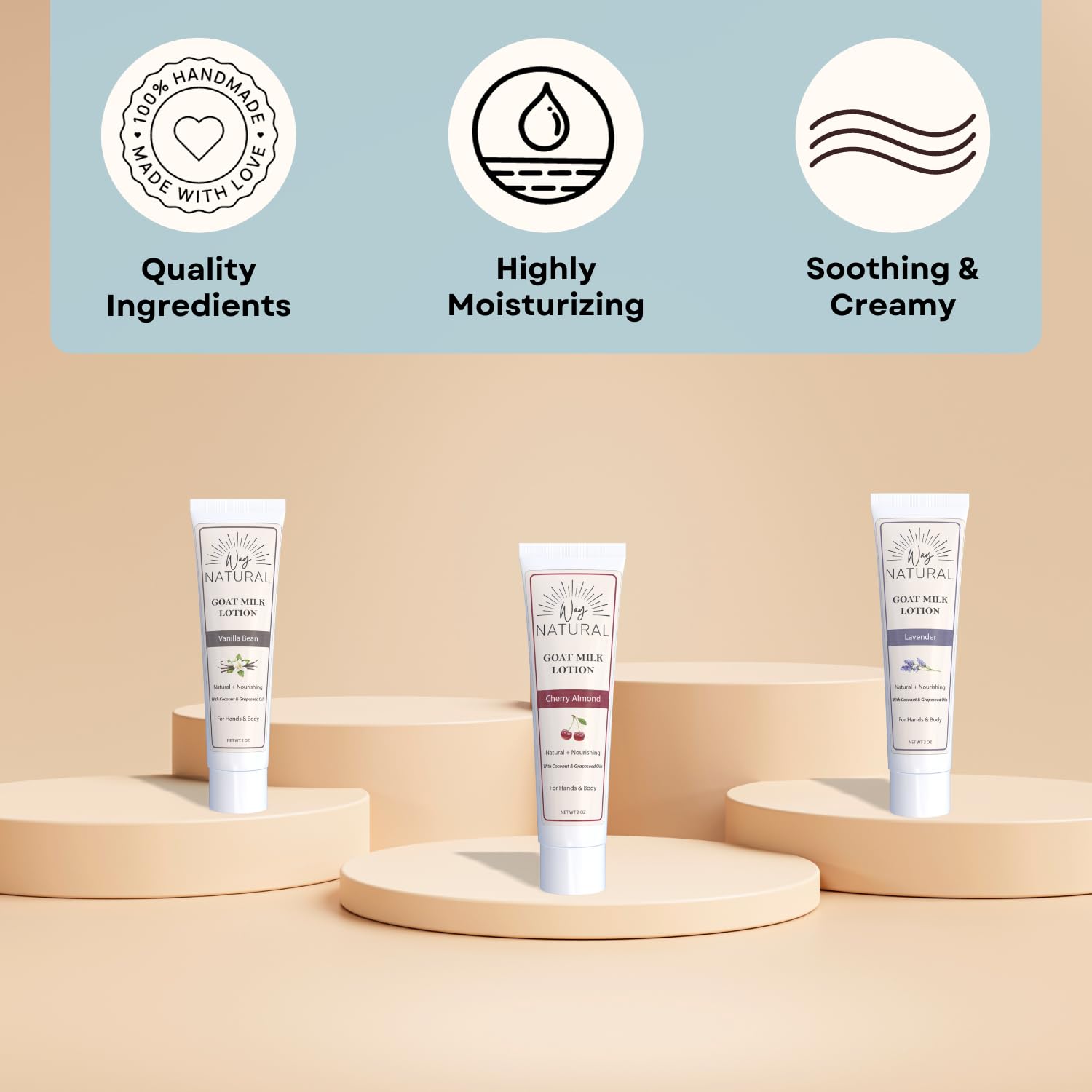 Way Natural Goat Milk Lotion, Variety - Body & Hand Lotion Set - Dry Skin Relief, USA Made - Goat Milk Hand Cream for Women & Men - Lavender, Cherry Almond, Vanilla Bean - 3 (2oz) Tubes