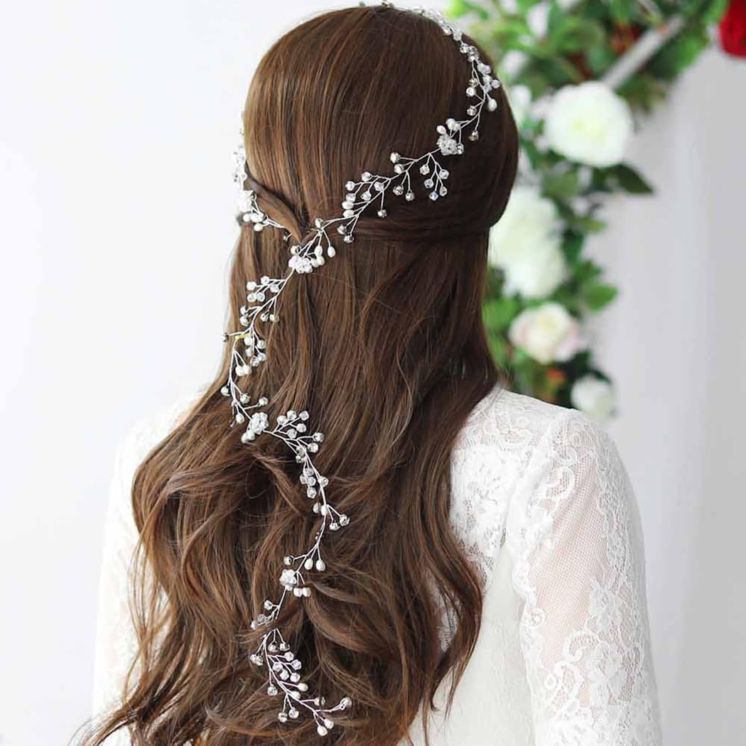 Bridalvenus Long Silver Bridal Headband (100 cm/39.3 Inches)