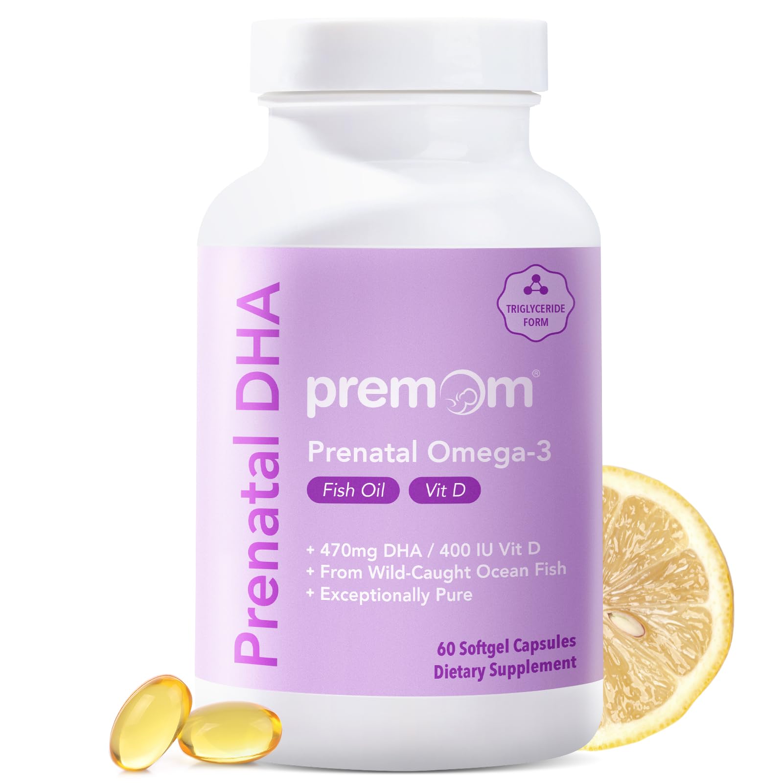 Premom Prenatal DHA Fish Oil: Triglyceride Omega 3 with 470mg DHA, 200mg EPA + 400 IU VIT D3 Supplement - Fertility Support for Women - Globally Sourced from Wild Caught Fish