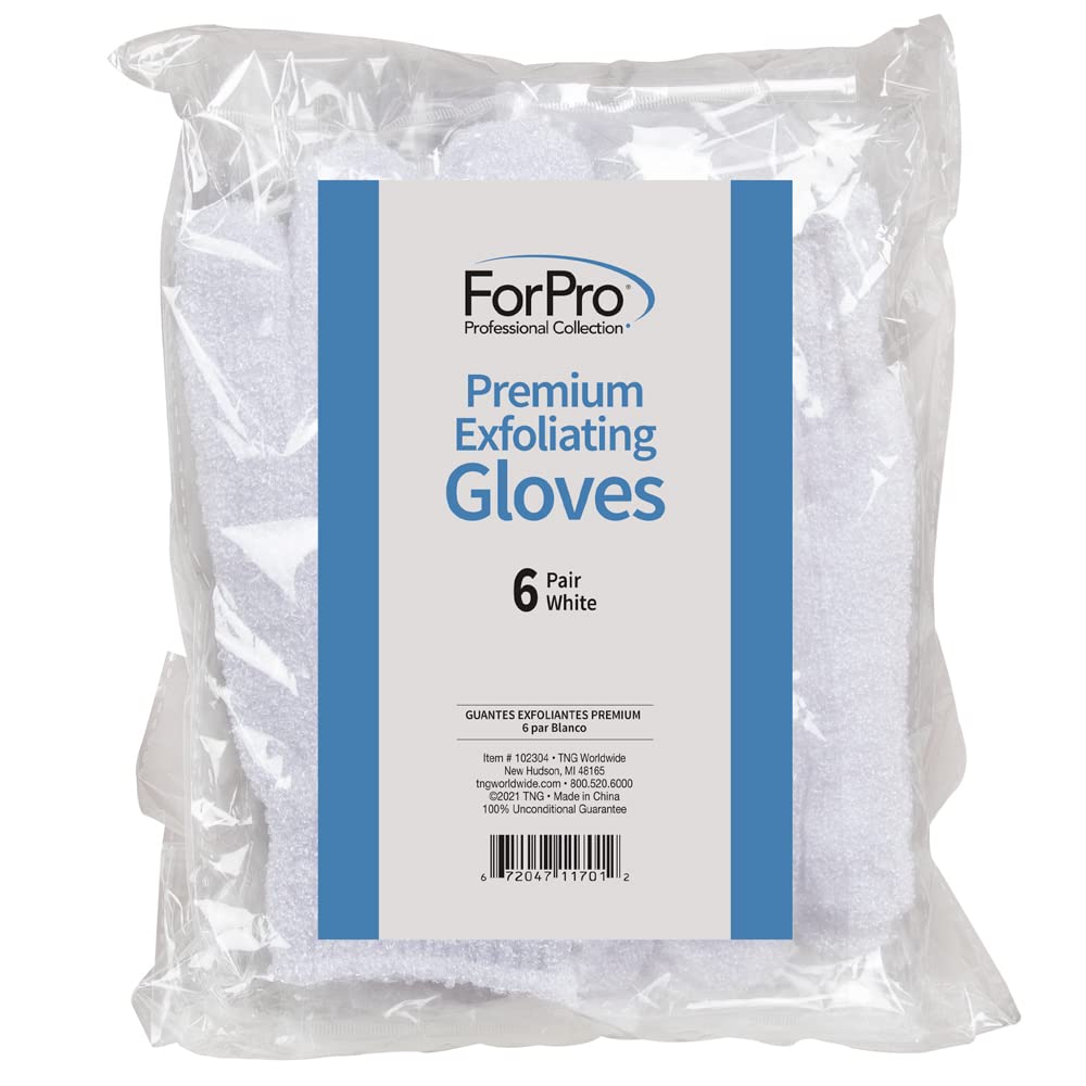ForPro Premium Exfoliating Gloves, White, Extra-Thick, Body Exfoliating Shower and Bath Gloves, 6-Pair